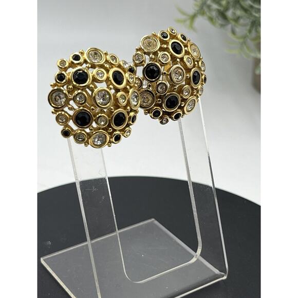 SWAROVSKI Swan Vintage Large Round Black, Clear Crystal Gold Tone Clip Earrings - Picture 2 of 16